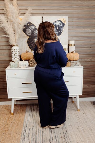 Navy Long Sleeve Solid Knit Comfy Jumpsuit