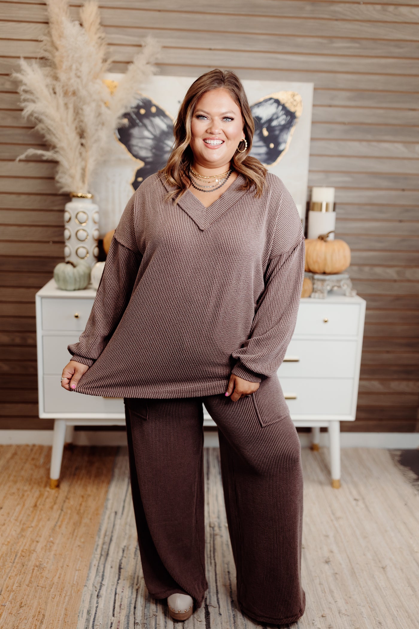 Peppercorn Ribbed Balloon Sleeve Top and Pant Set