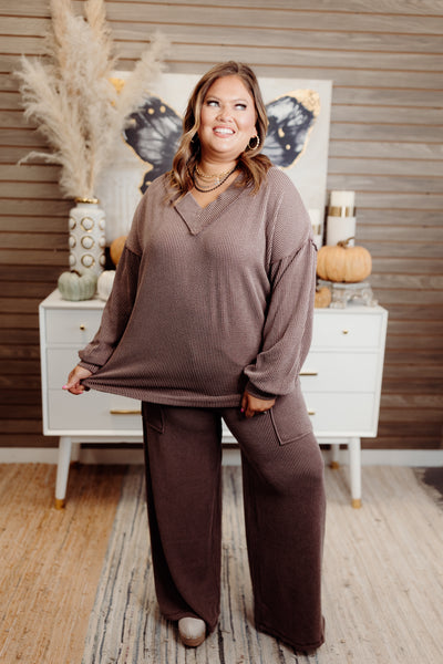 Peppercorn Ribbed Balloon Sleeve Top and Pant Set