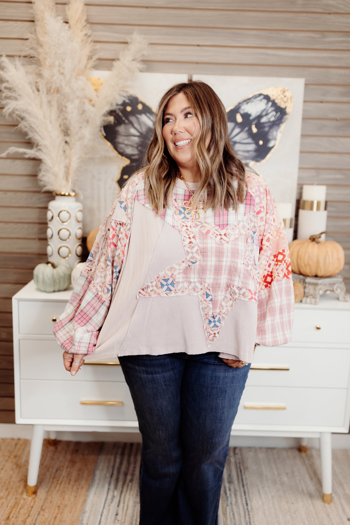 Pink Star Patch Mixed Fabric Long Sleeve Oversized Top