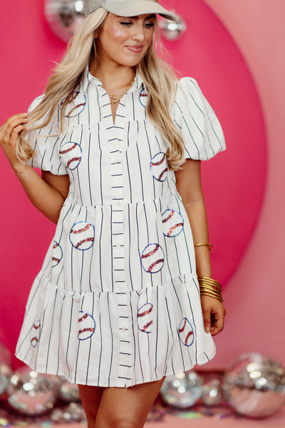 White Sequin Baseball Striped Button Down Dress