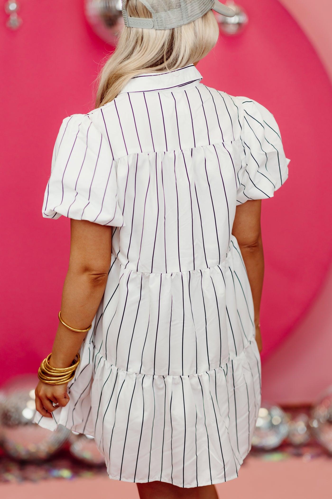 White Sequin Baseball Striped Button Down Dress