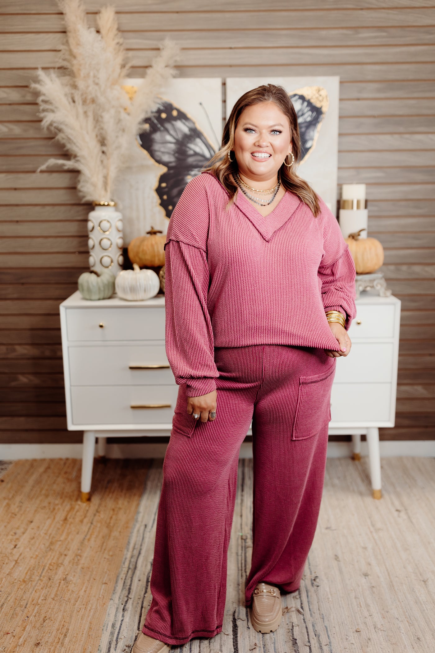 Dark Mauve Ribbed Balloon Sleeve Top and Pant Set