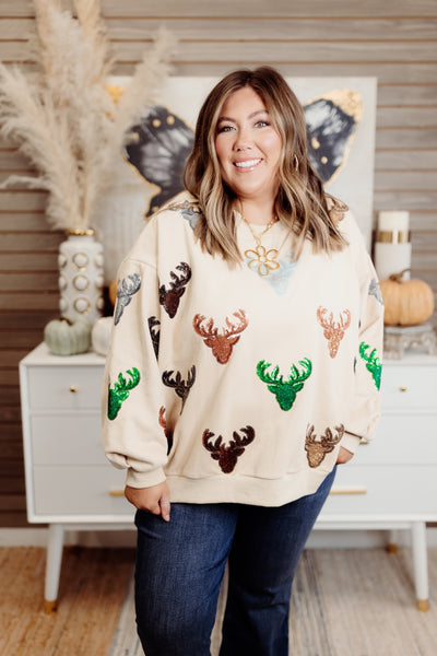 Queen of Sparkles Beige Deer Head Sweatshirt