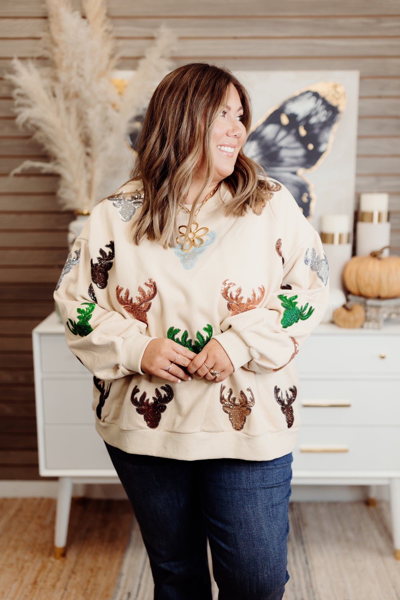 Queen of Sparkles Beige Deer Head Sweatshirt