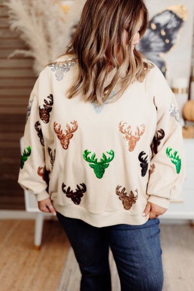 Queen of Sparkles Beige Deer Head Sweatshirt