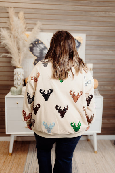 Queen of Sparkles Beige Deer Head Sweatshirt