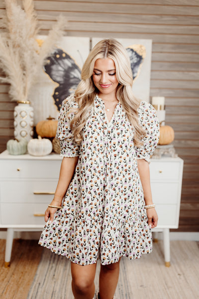 Almond Floral Scallop Trim Puff Sleeve Mini Dress