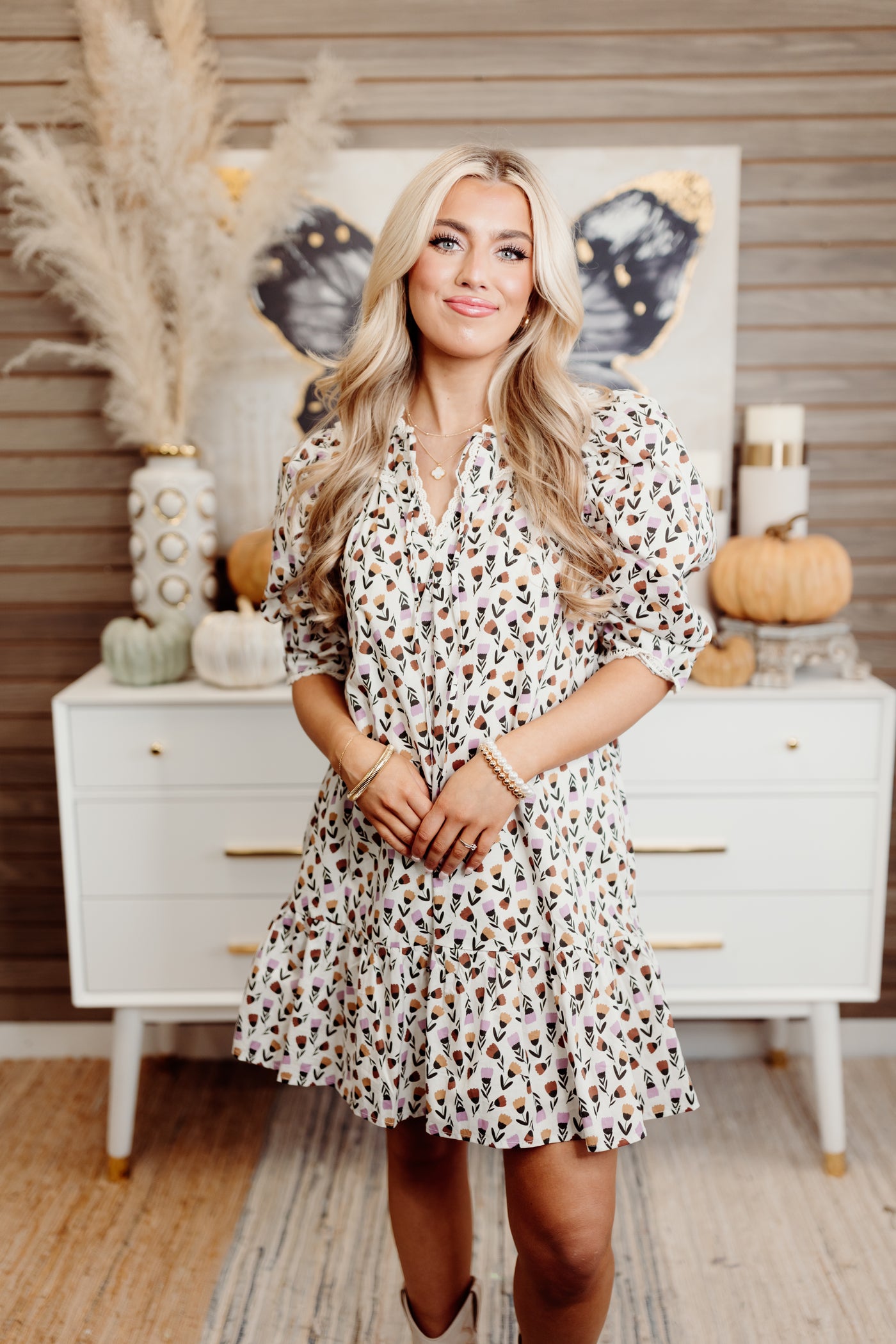 Almond Floral Scallop Trim Puff Sleeve Mini Dress