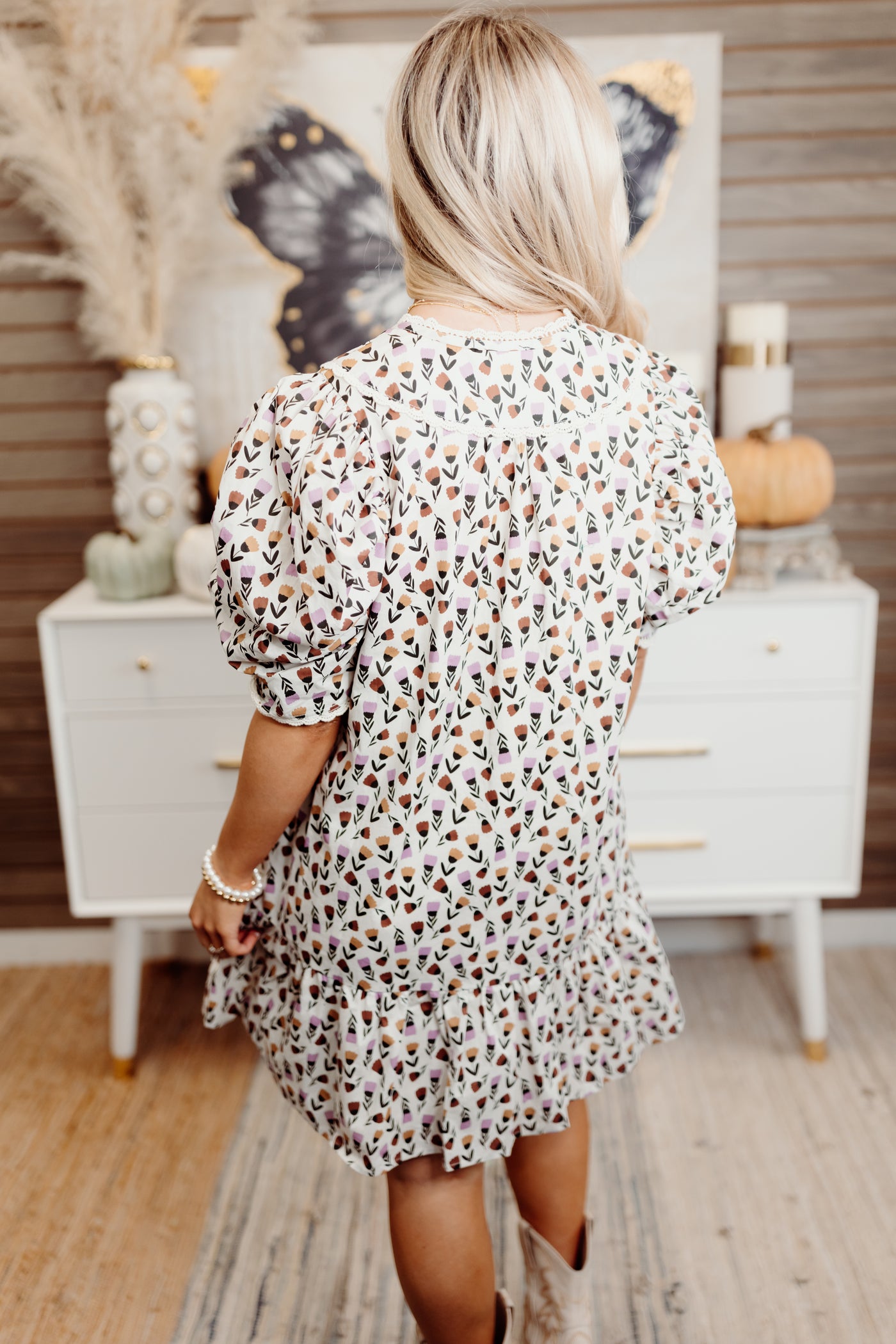 Almond Floral Scallop Trim Puff Sleeve Mini Dress