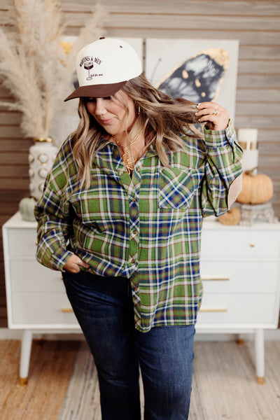 Sage Plaid Acid Wash Oversized Button Down