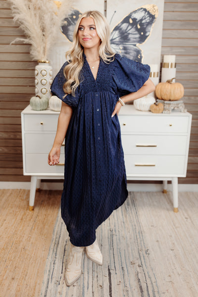 Navy Textured Puff Sleeve Button Down Midi Dress