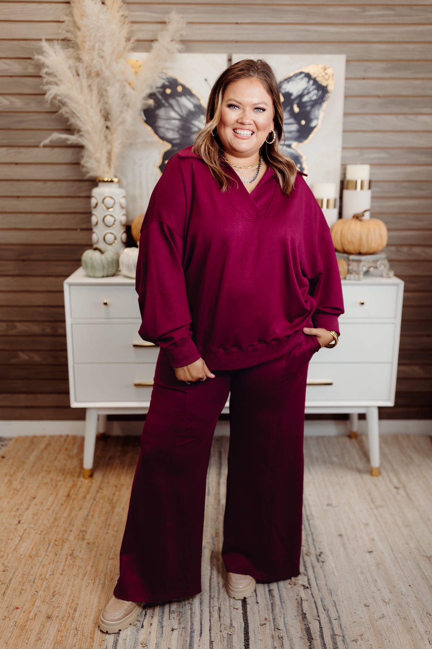 Merlot Butter Soft Notch Neck Pullover and Pant Set