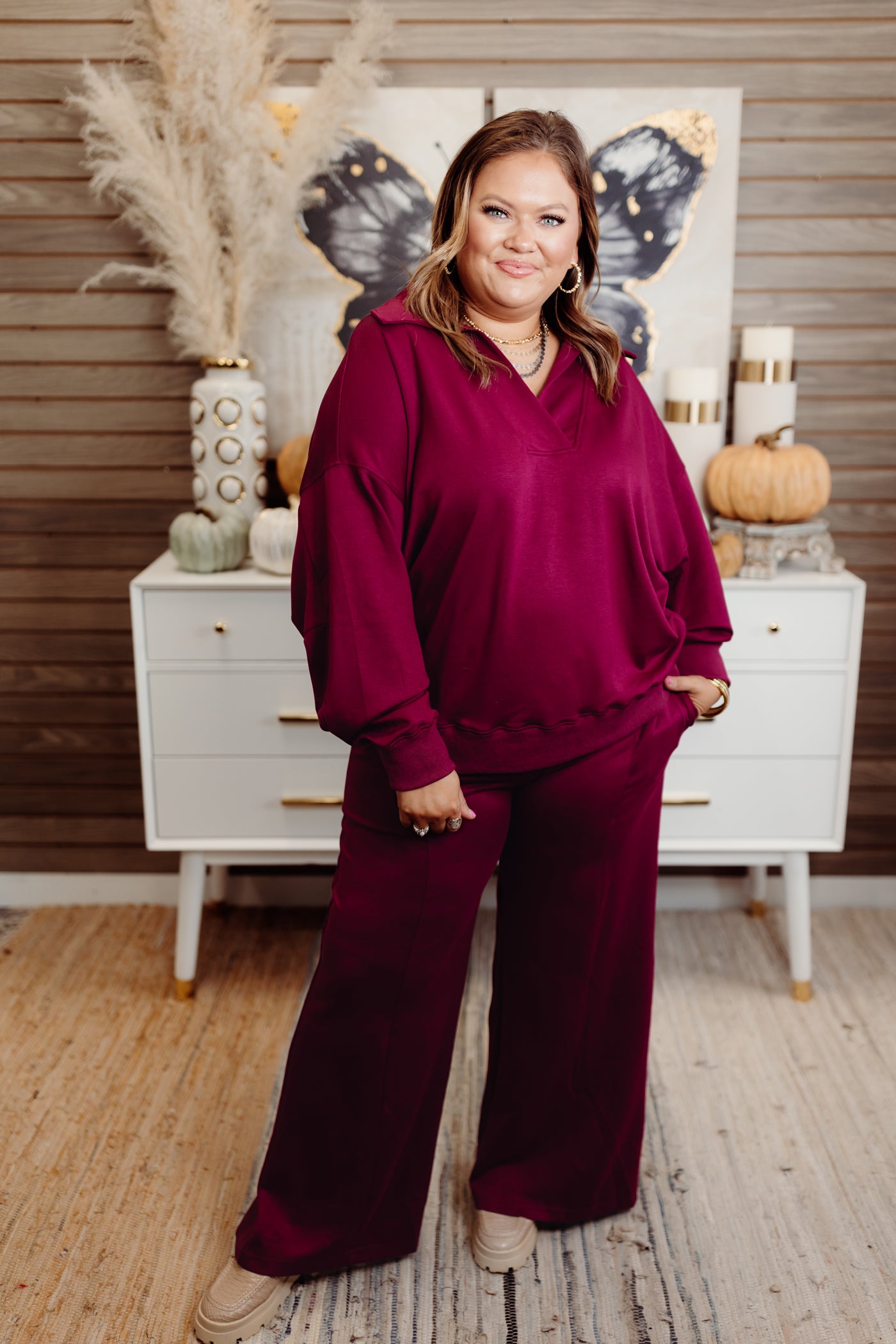 Merlot Butter Soft Notch Neck Pullover and Pant Set