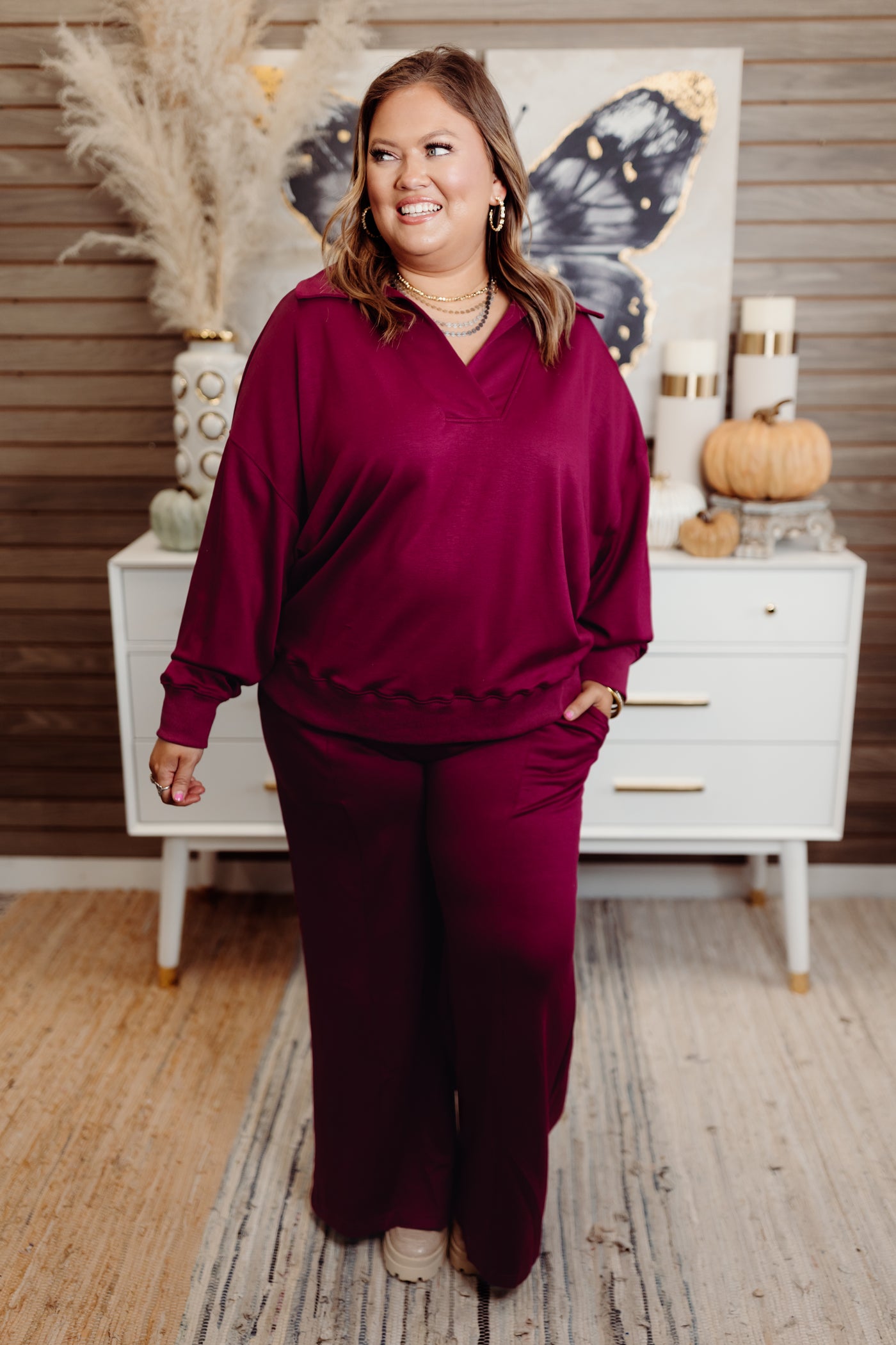 Merlot Butter Soft Notch Neck Pullover and Pant Set