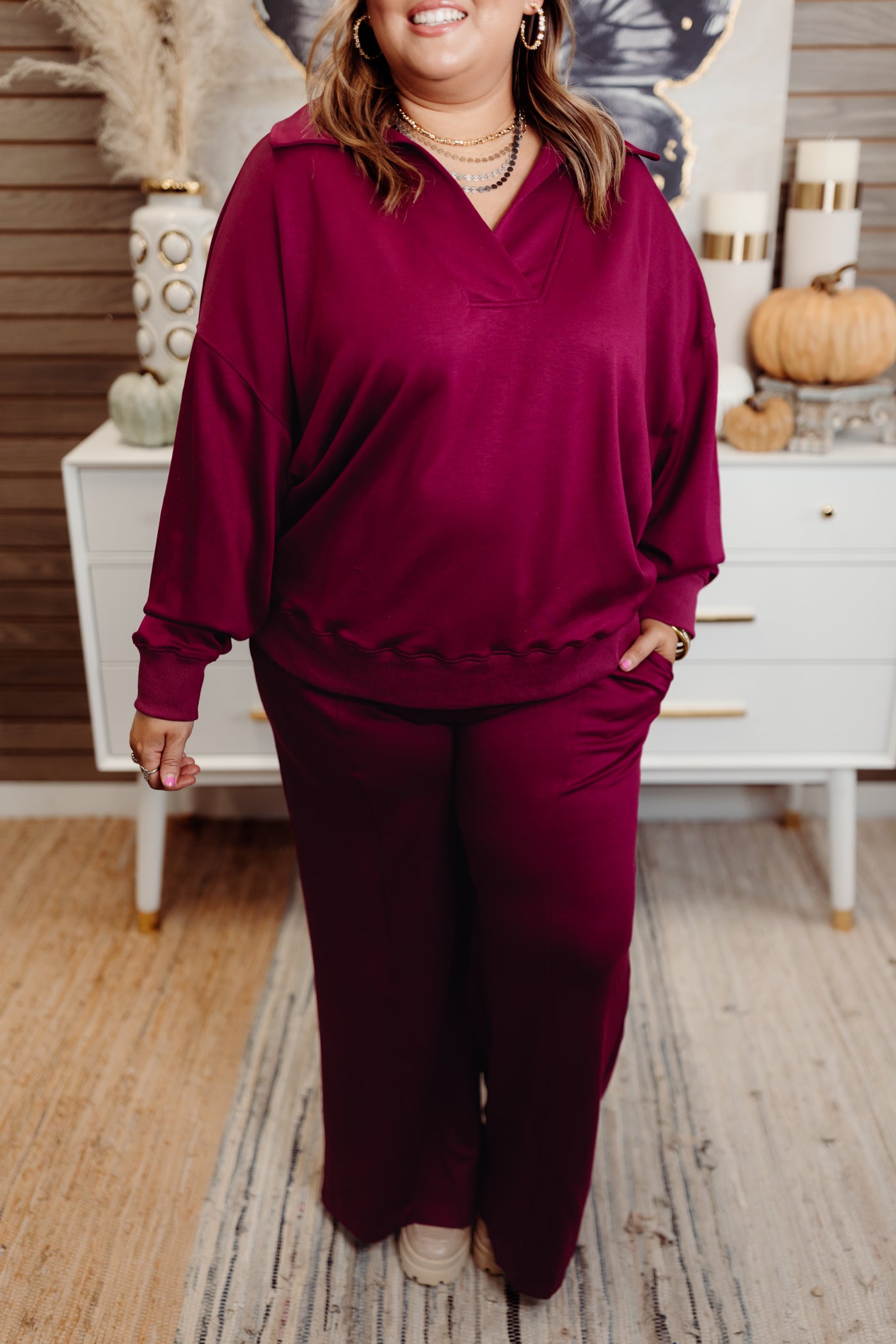 Merlot Butter Soft Notch Neck Pullover and Pant Set