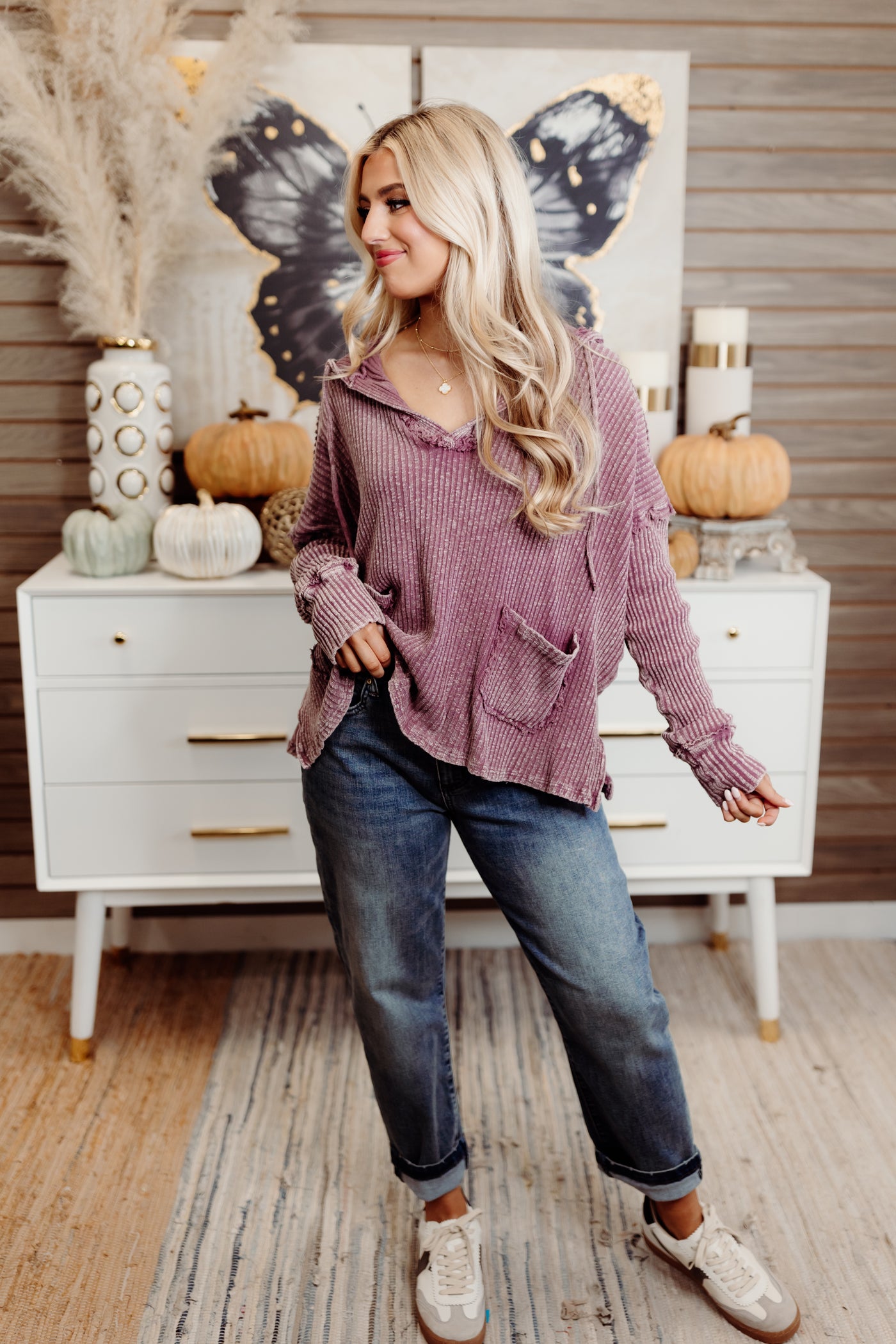 Plum Mineral Washed Rib Knit Hoodie Pullover