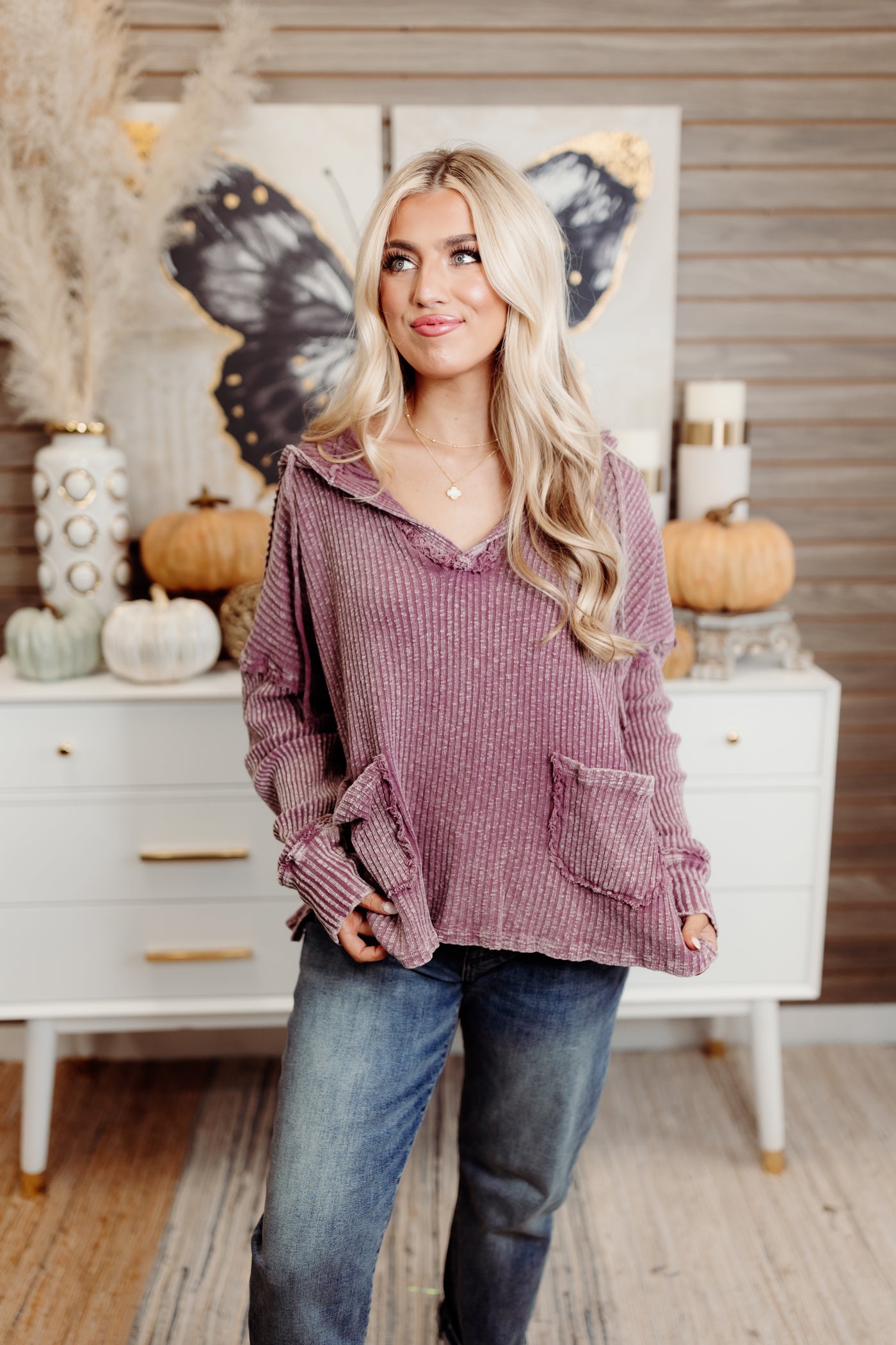 Plum Mineral Washed Rib Knit Hoodie Pullover