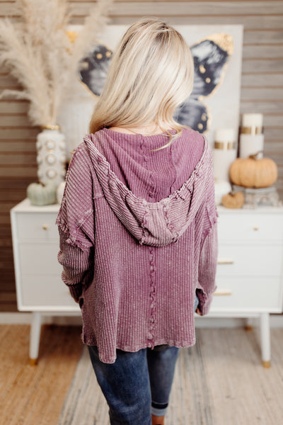 Plum Mineral Washed Rib Knit Hoodie Pullover