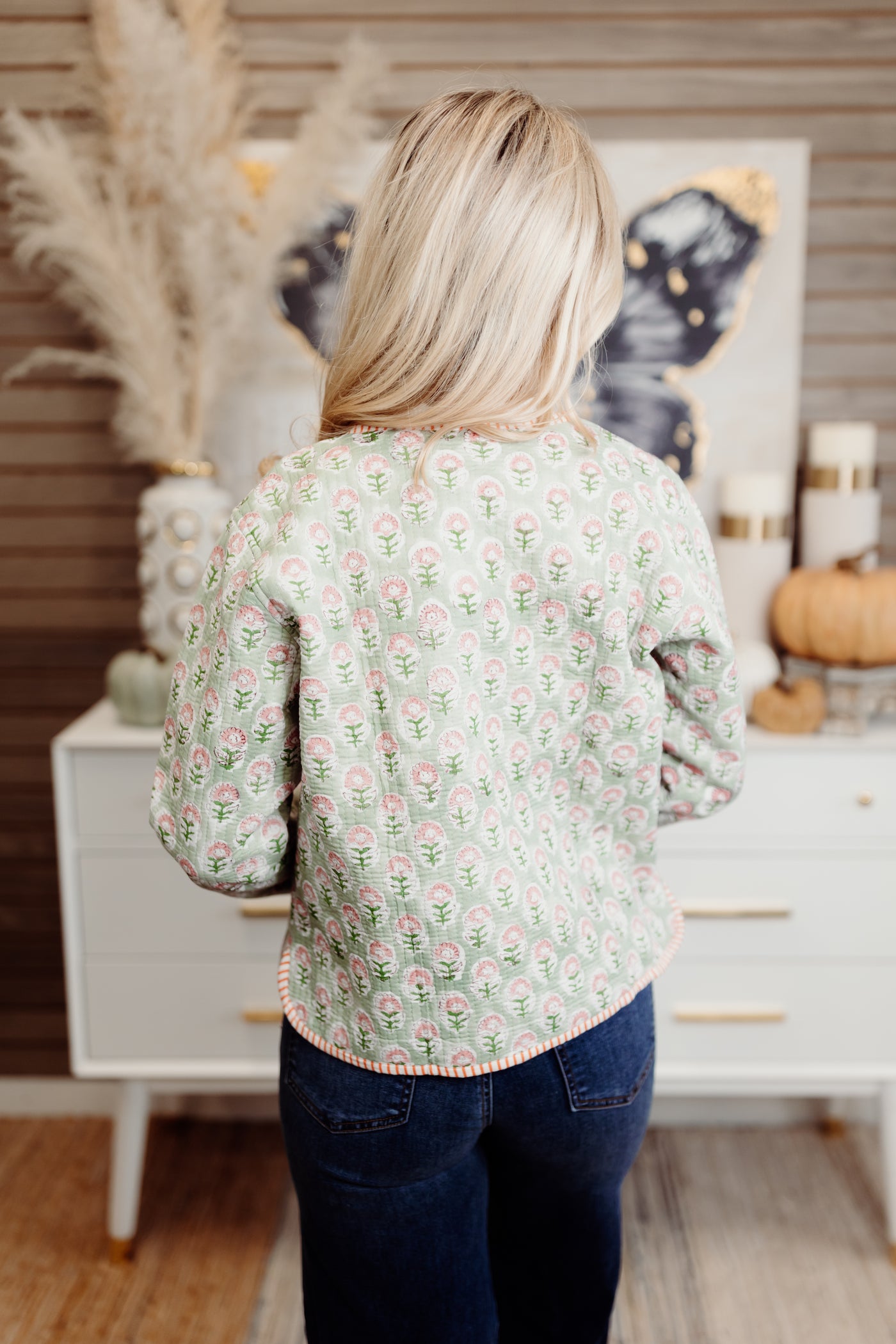 Heart of Grace Quilted Block Print Jacket in Peach Bellini