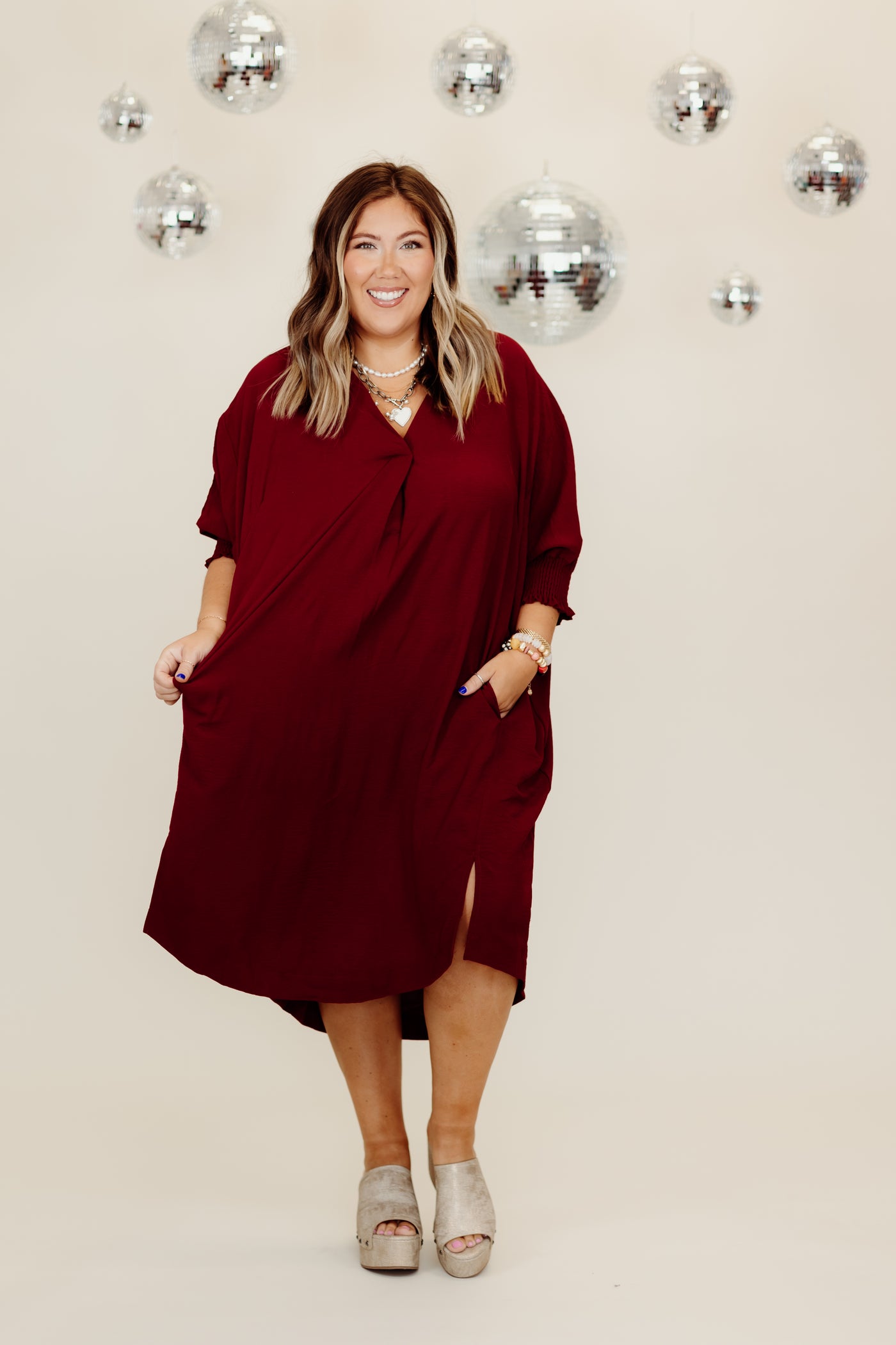 Wine 3/4 Sleeve Oversized High Low Hem Dress