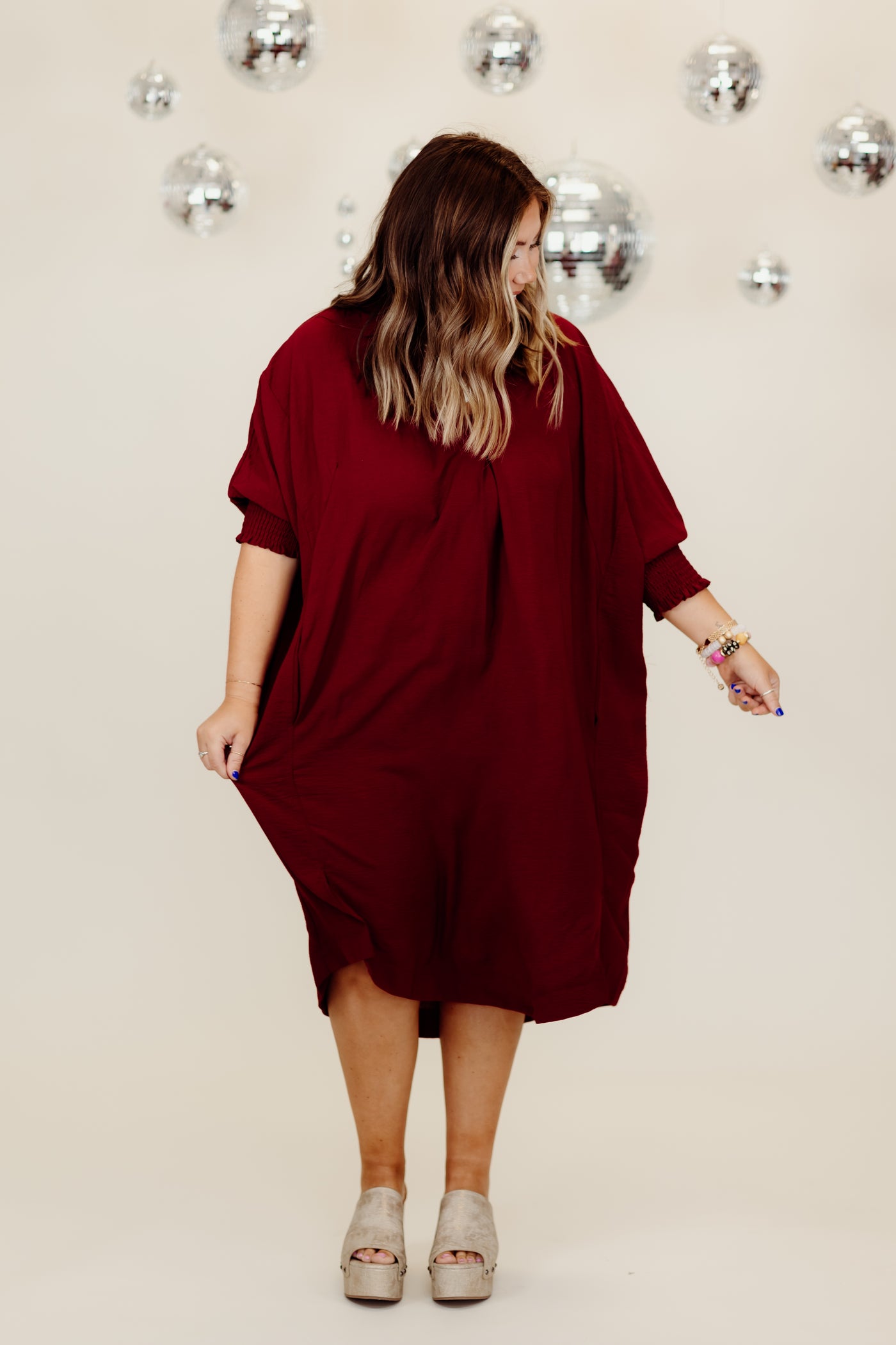 Wine 3/4 Sleeve Oversized High Low Hem Dress