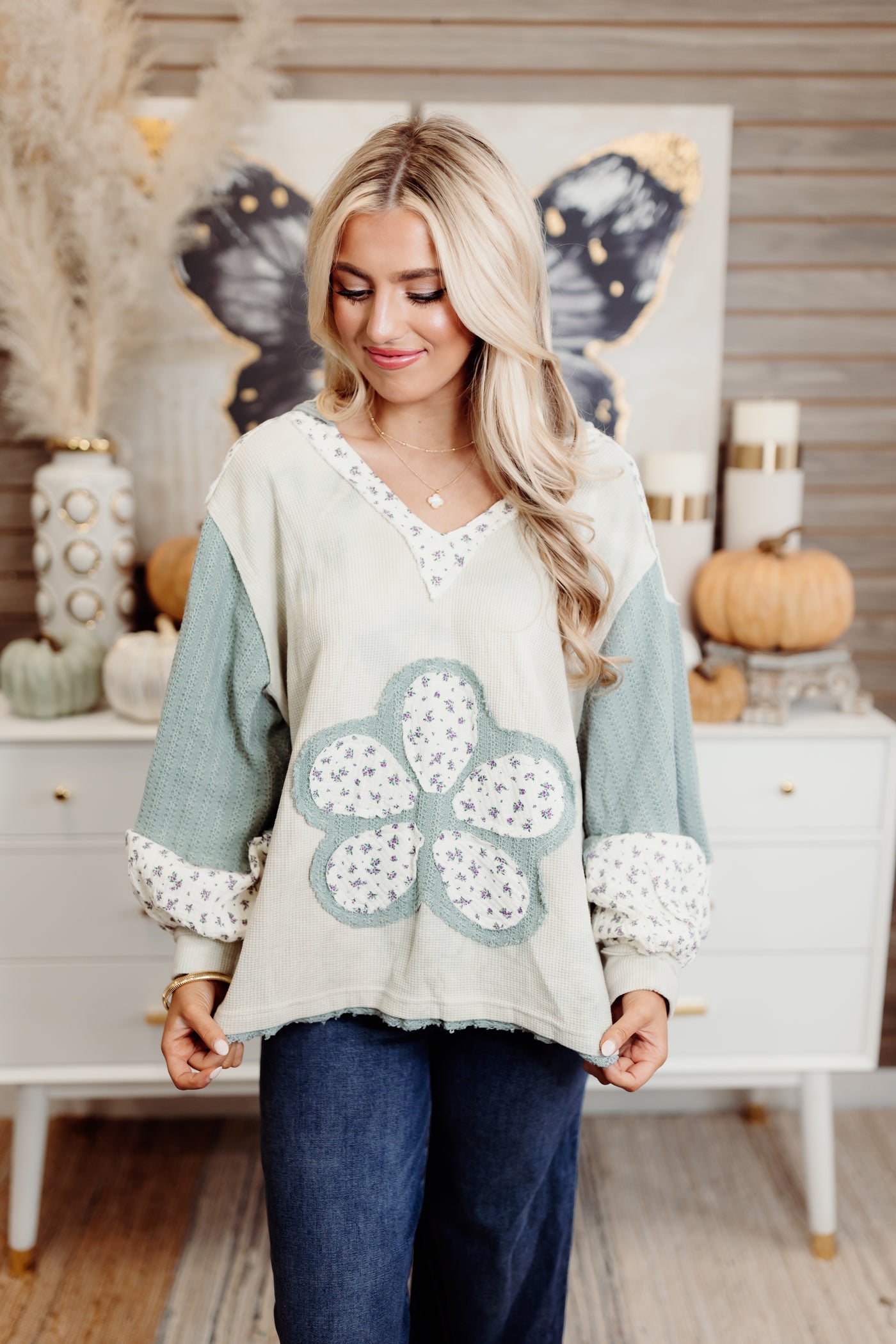 Sage Washed Colorblock Flower Patch Hoodie Top