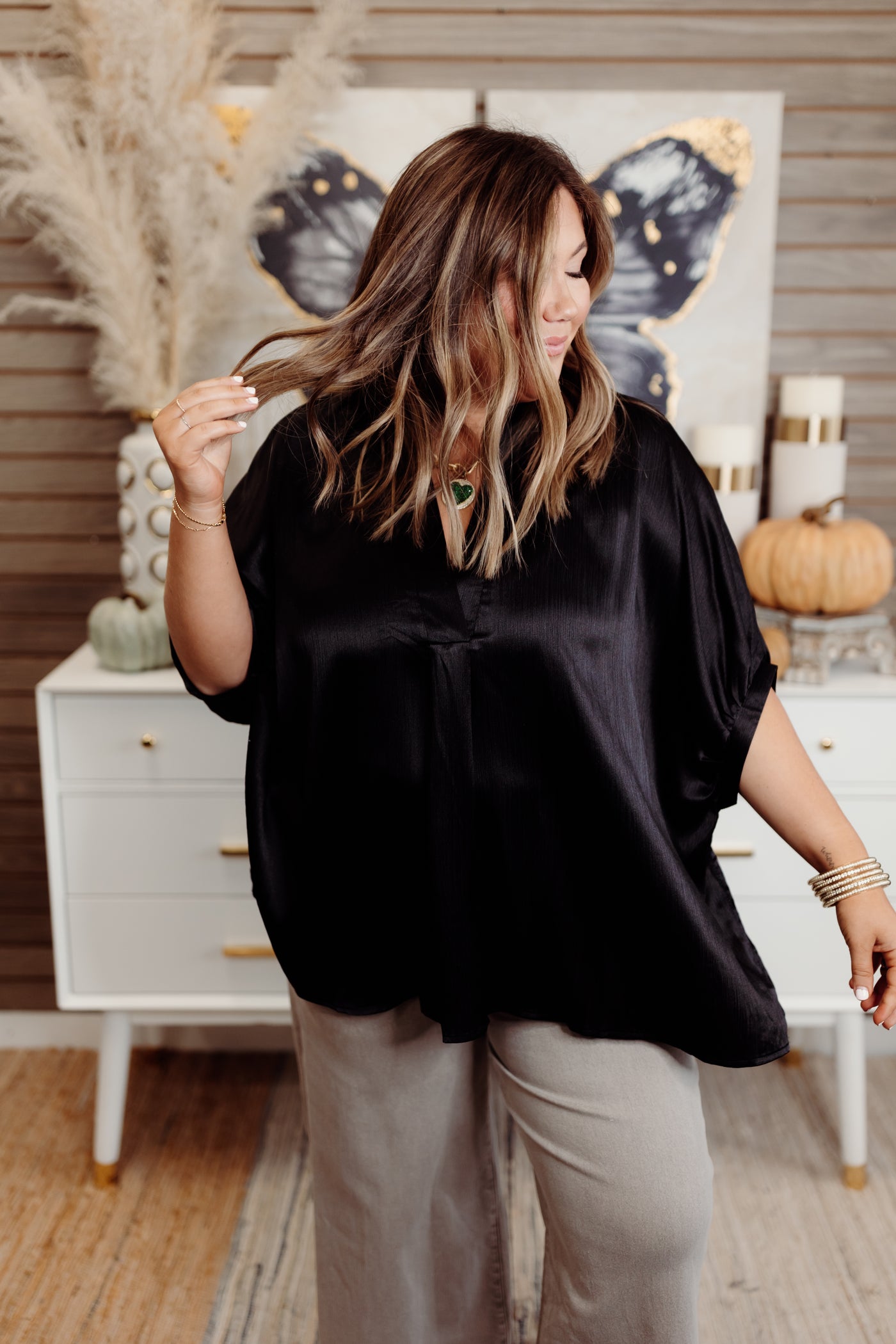 Black Simple V-Neck Oversized Satin Blouse