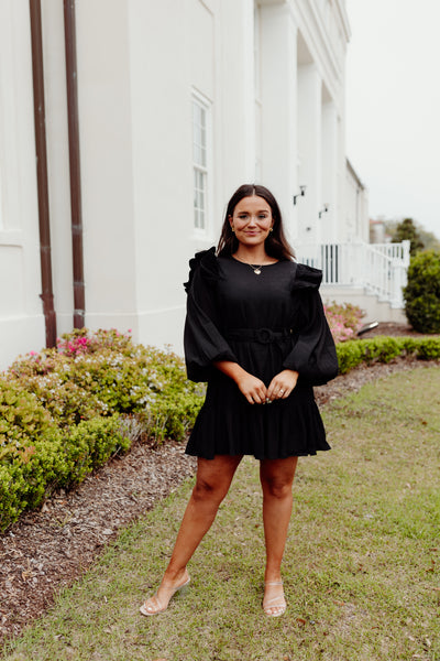 Black Textured Knit Belted Ruffle Bell Sleeve Dress