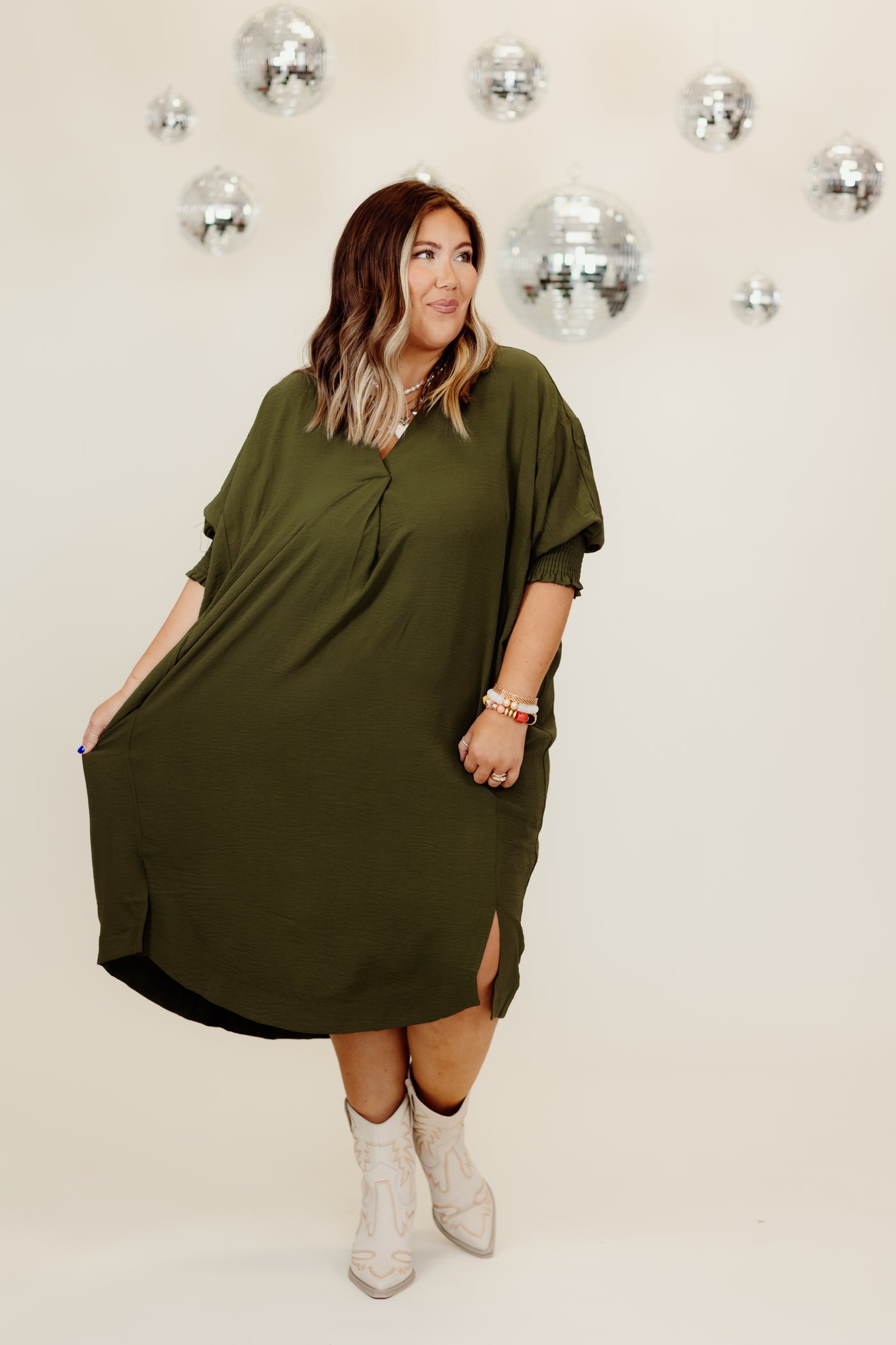 Olive 3/4 Sleeve Oversized High Low Hem Dress