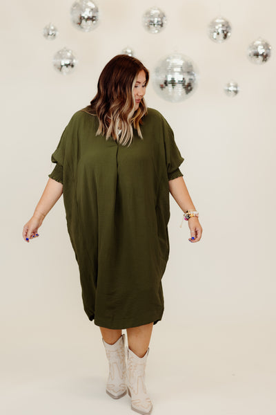 Olive 3/4 Sleeve Oversized High Low Hem Dress