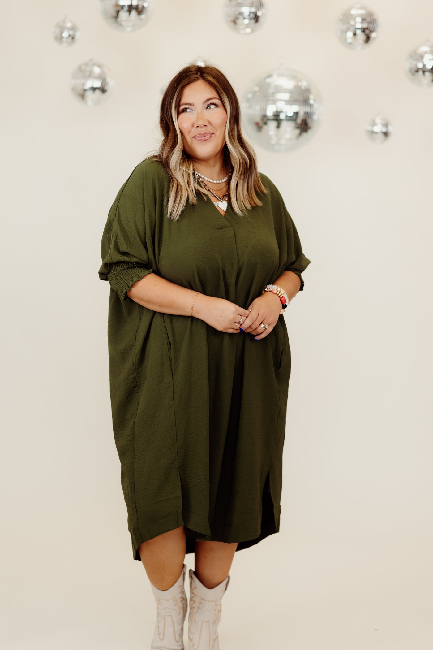 Olive 3/4 Sleeve Oversized High Low Hem Dress