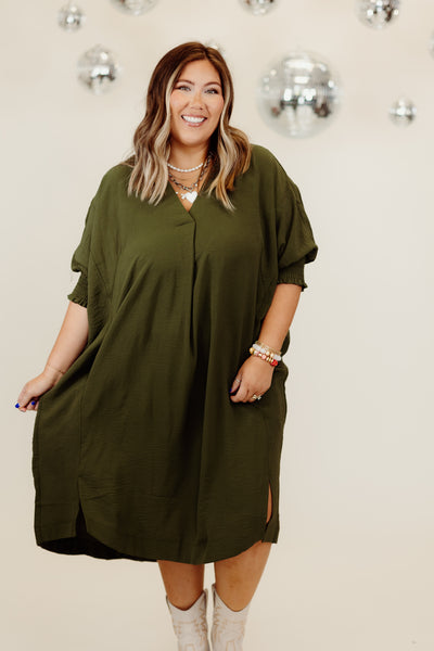 Olive 3/4 Sleeve Oversized High Low Hem Dress