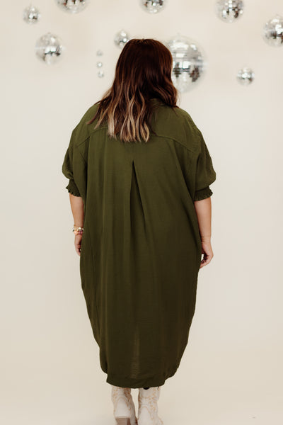 Olive 3/4 Sleeve Oversized High Low Hem Dress