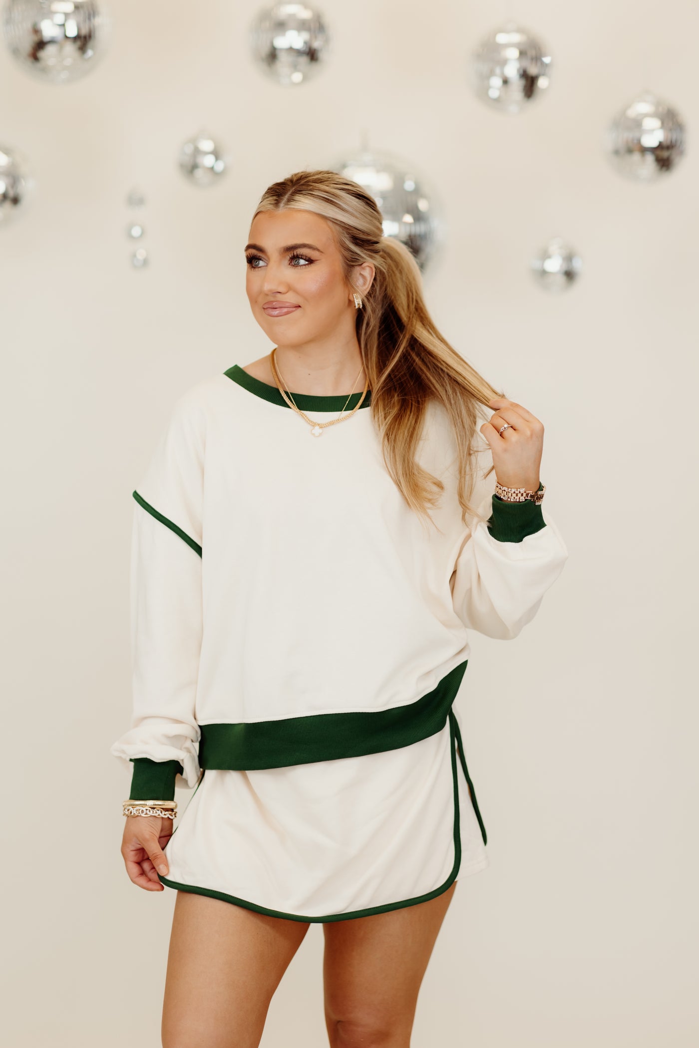 Ecru Contrast Trim Long Sleeve Top and Skirt Set