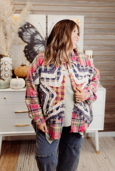 Red Mineral Washed Plaid Star Patch Top