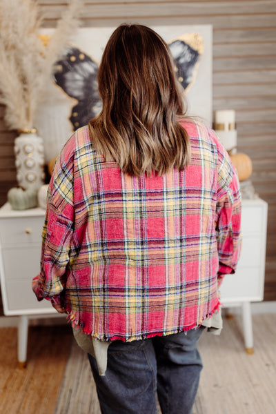 Red Mineral Washed Plaid Star Patch Top