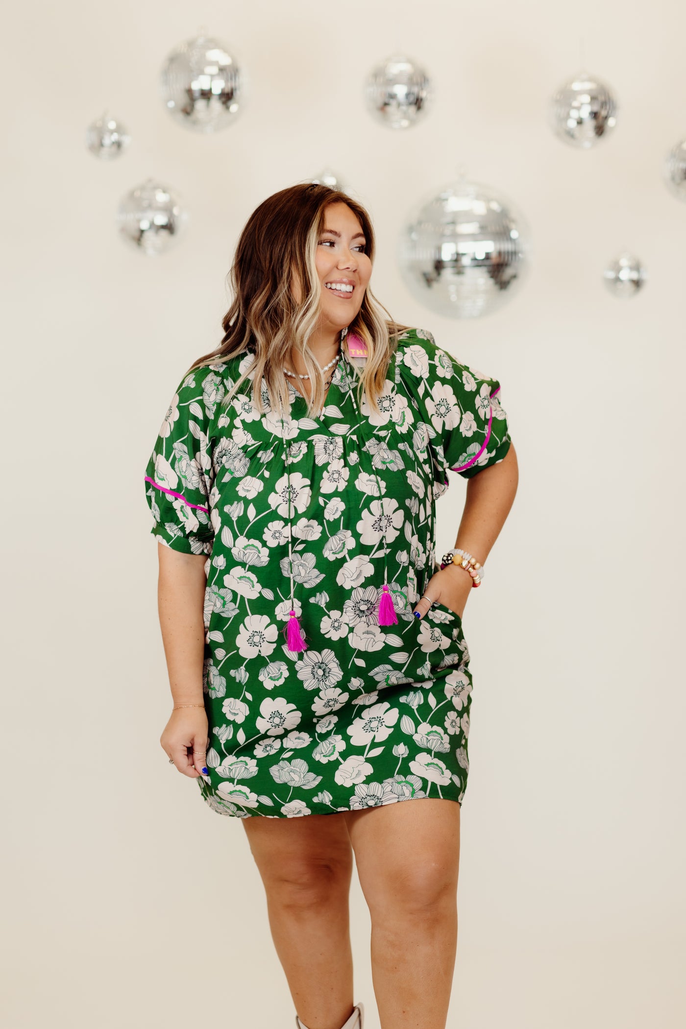 Green Floral Puff Sleeve Tie Detail Mini Dress