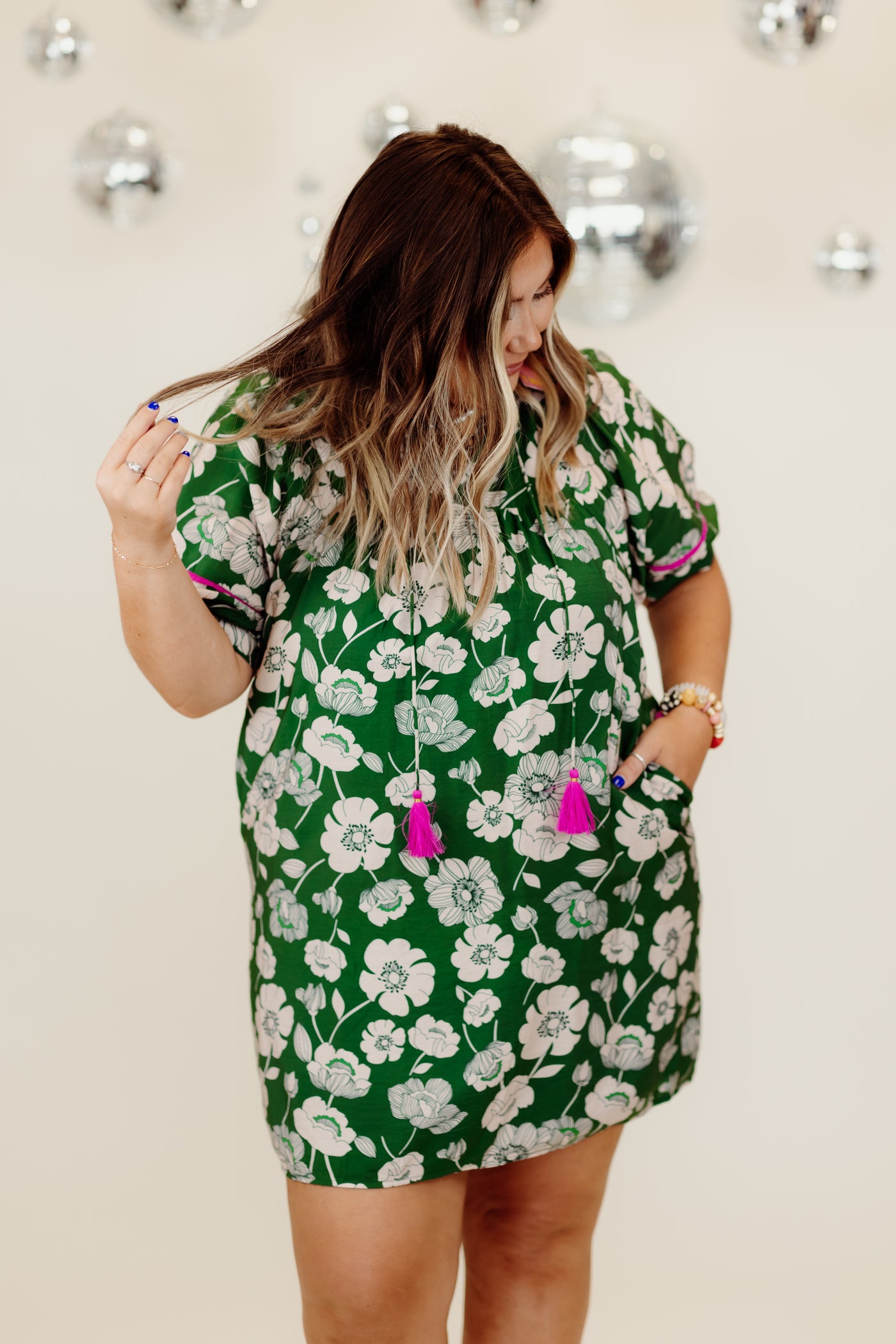 Green Floral Puff Sleeve Tie Detail Mini Dress