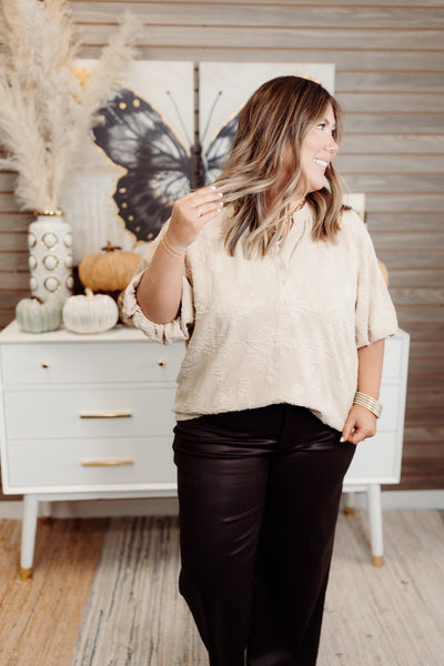 Taupe Notch Neck Floral Puff Sleeve Blouse