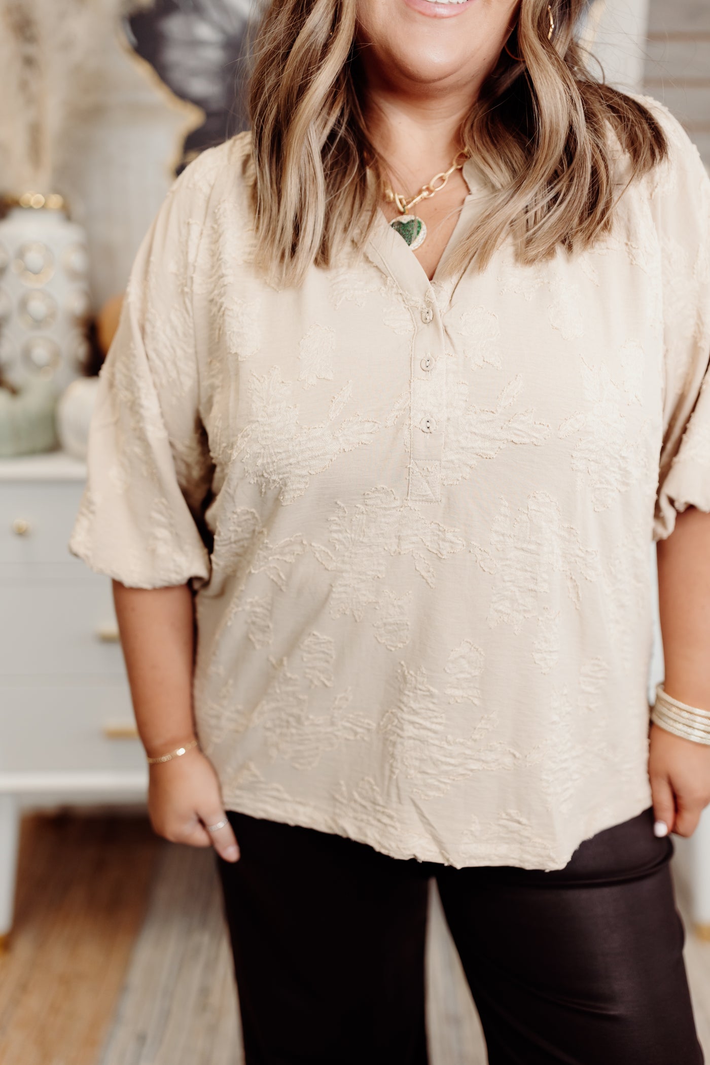 Taupe Notch Neck Floral Puff Sleeve Blouse