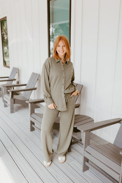 Olive Green Button Down Top and Pant Set