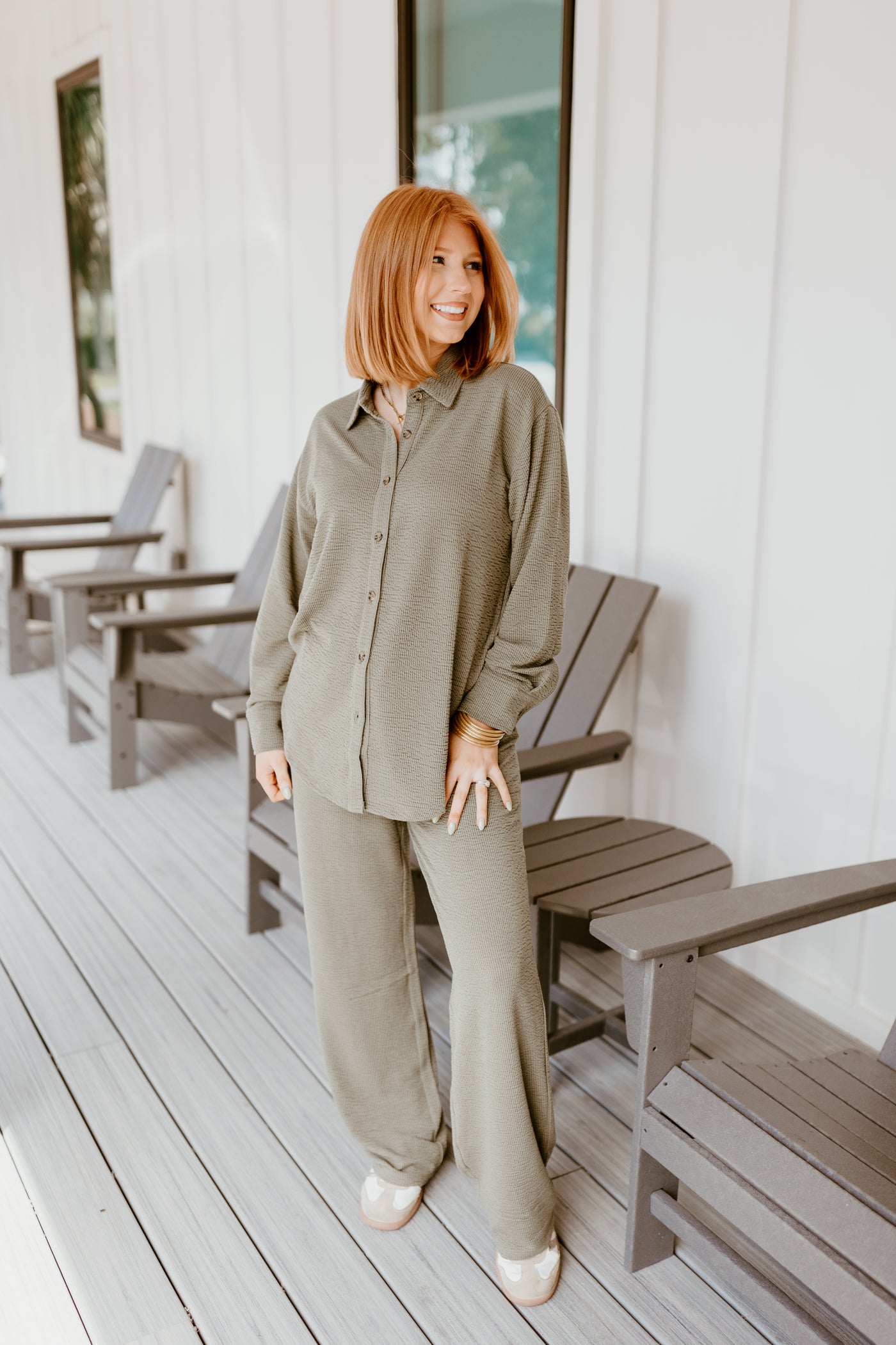 Olive Green Button Down Top and Pant Set