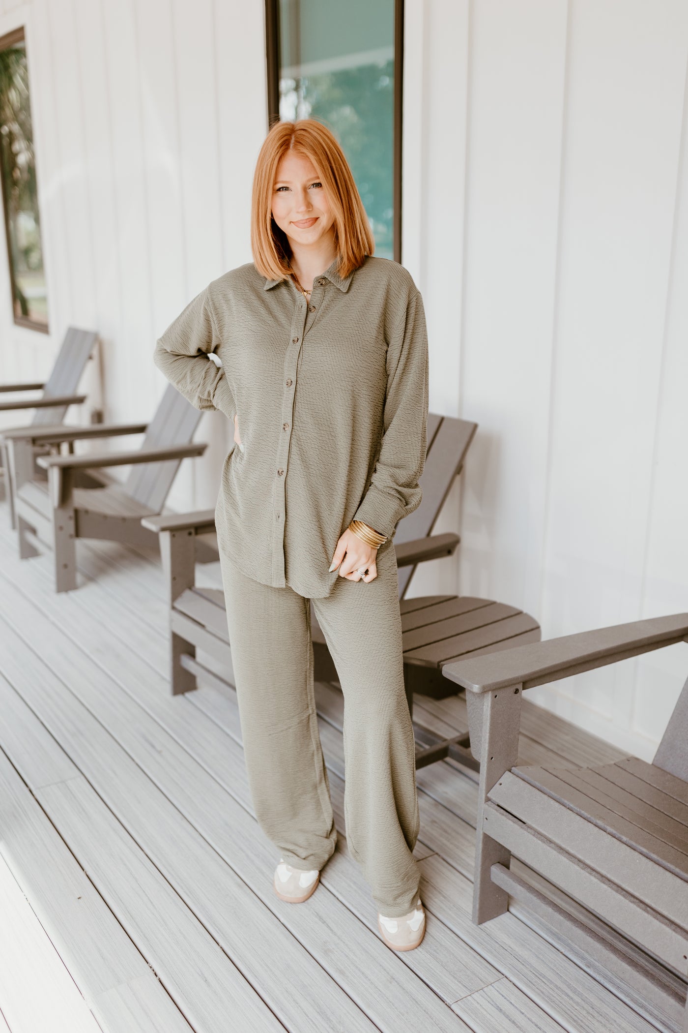 Olive Green Button Down Top and Pant Set