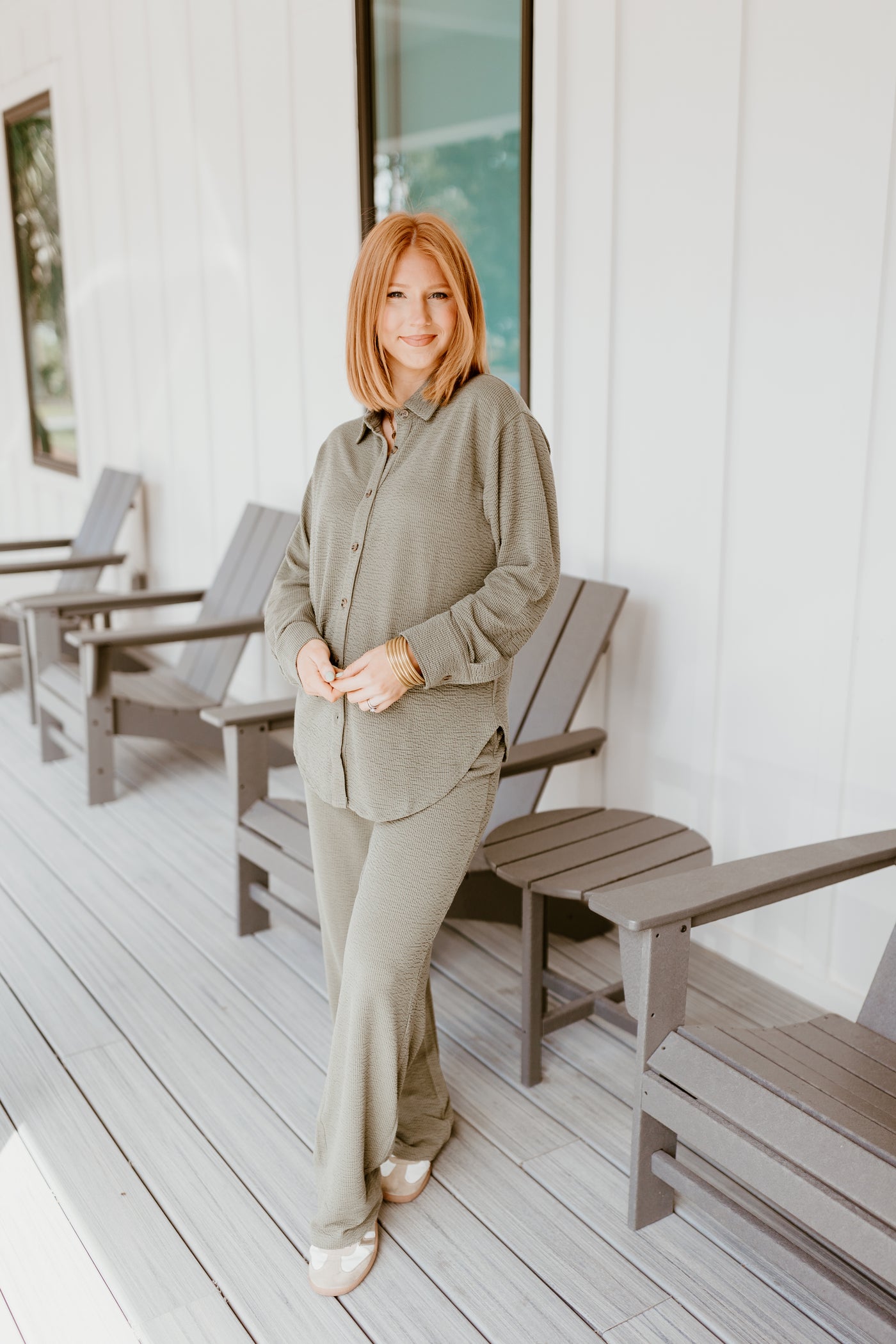 Olive Green Button Down Top and Pant Set