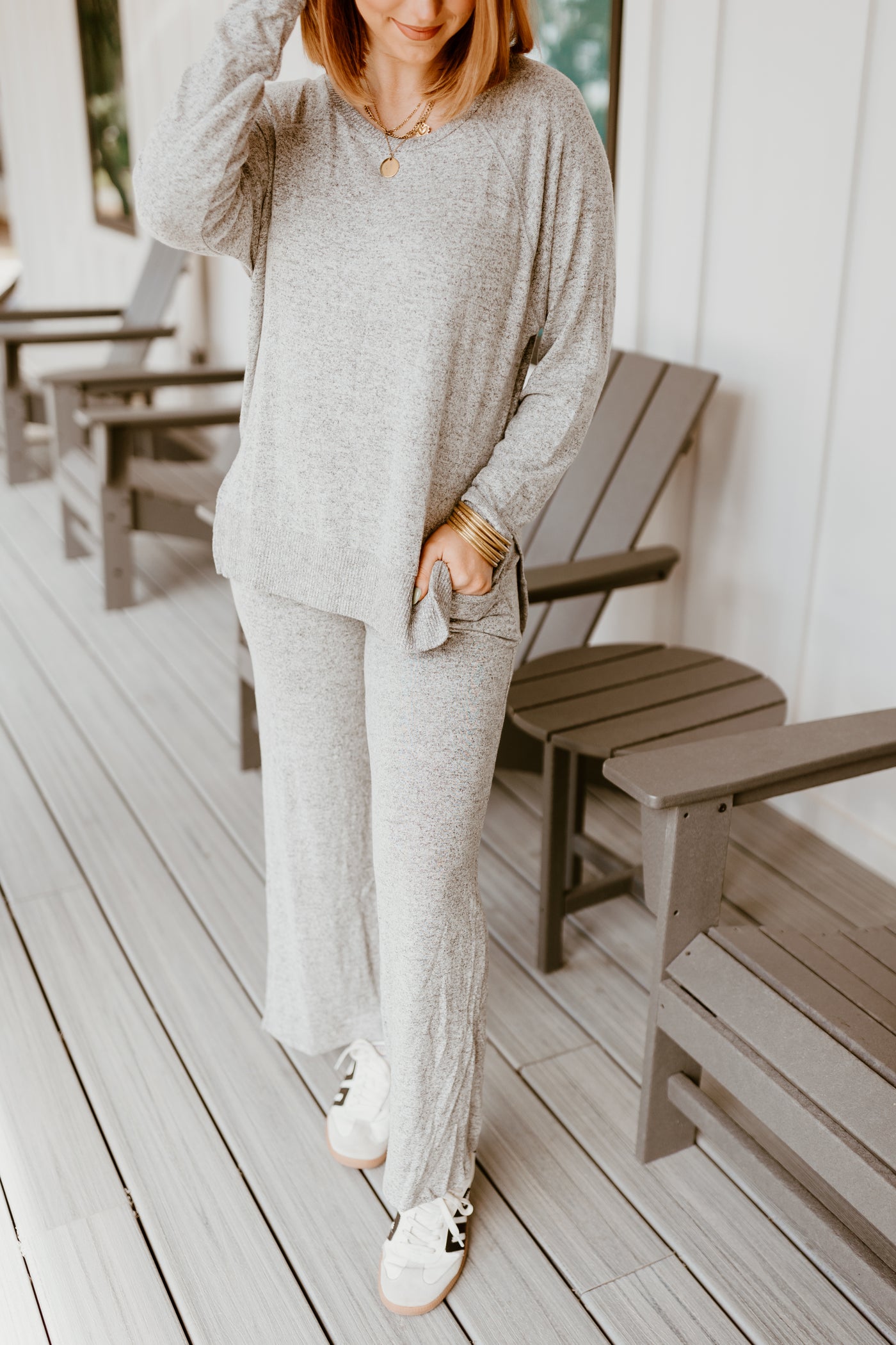 Grey Brushed Knit Long Sleeve Top and Pant Set