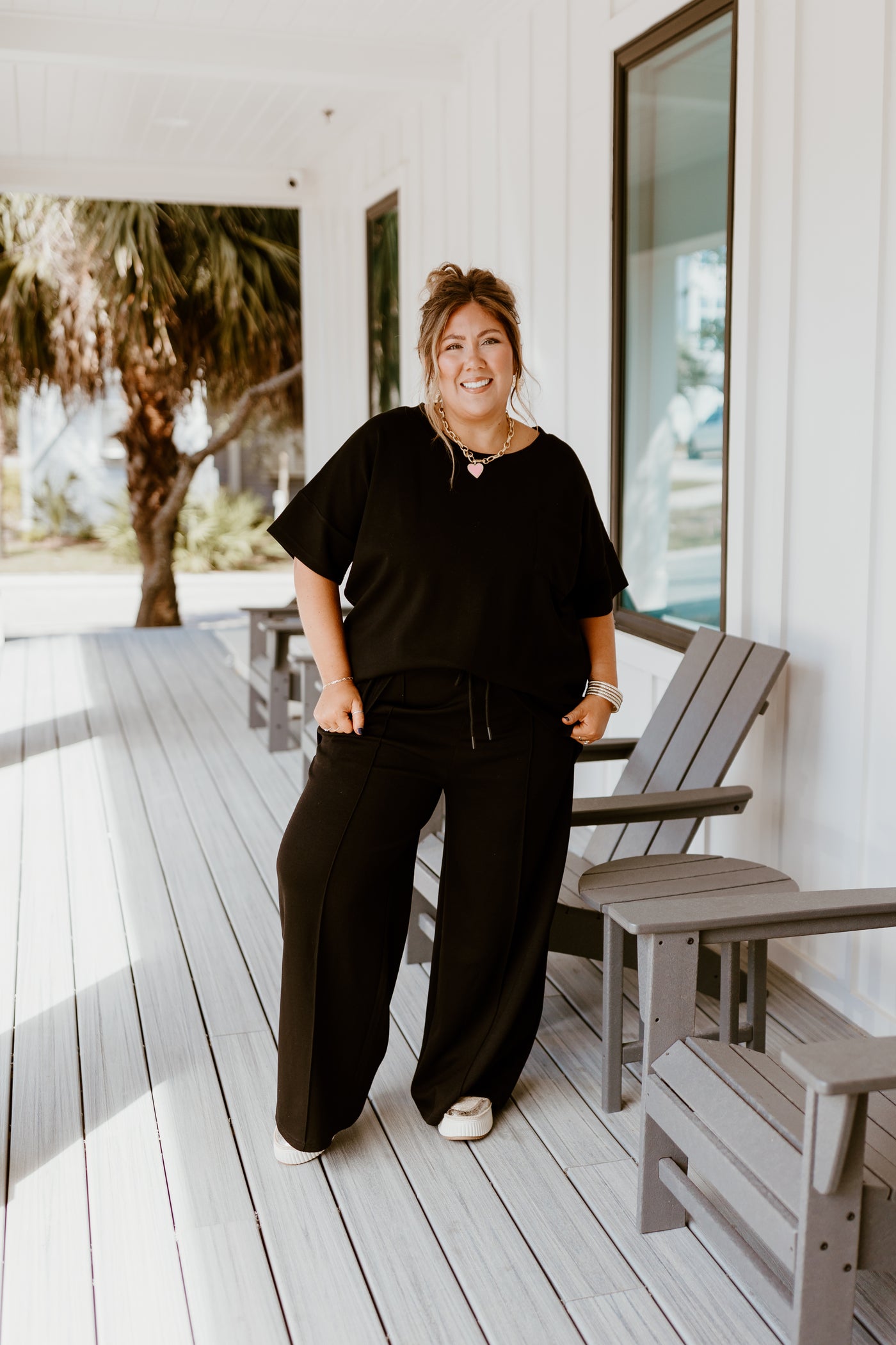 Black Short Sleeve Top and Wide Leg Pant Set