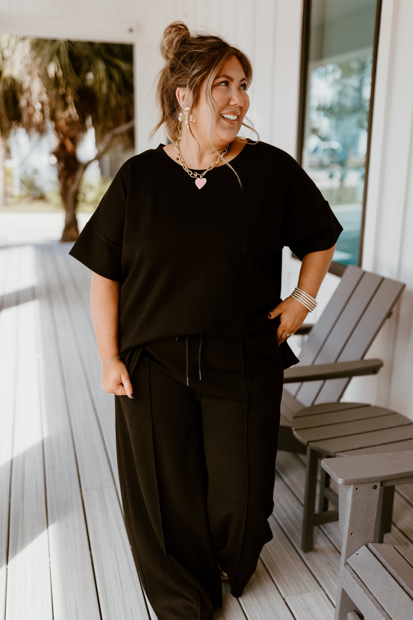 Black Short Sleeve Top and Wide Leg Pant Set