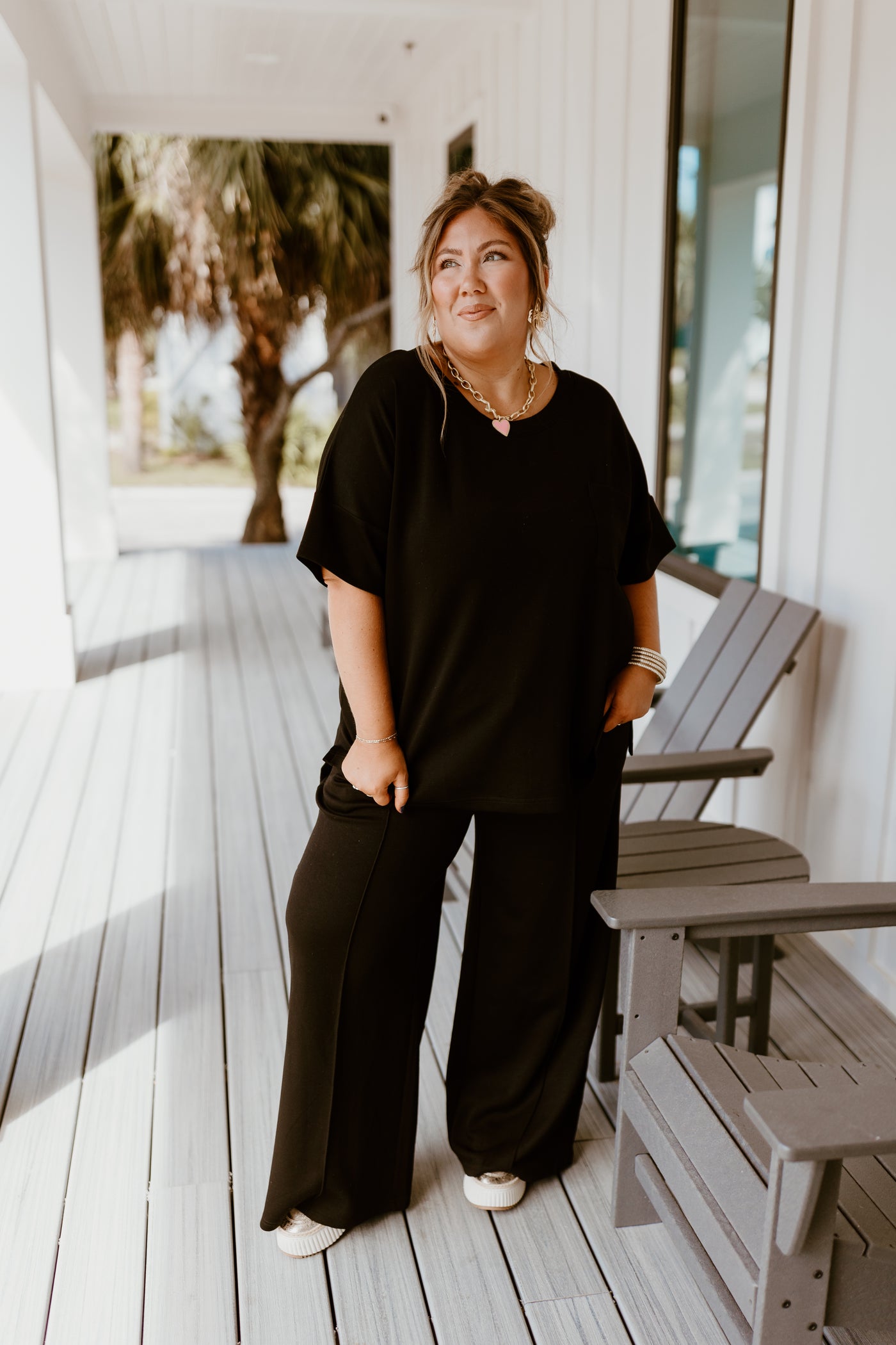 Black Short Sleeve Top and Wide Leg Pant Set