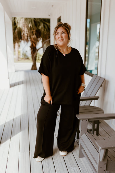 Black Short Sleeve Top and Wide Leg Pant Set